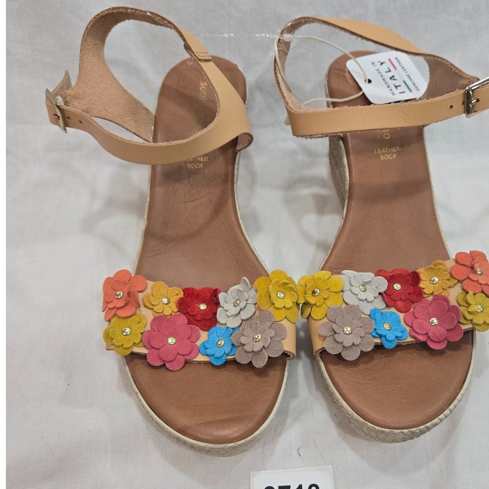 Sophia Milano Handmade Italy Beige Leather Wedge Espadrille Sandals Floral Sz 9